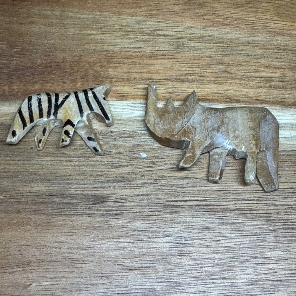 Vintage Hand Carved Soapstone Animal Figurines Rhino and Zebra Safari Set of 2